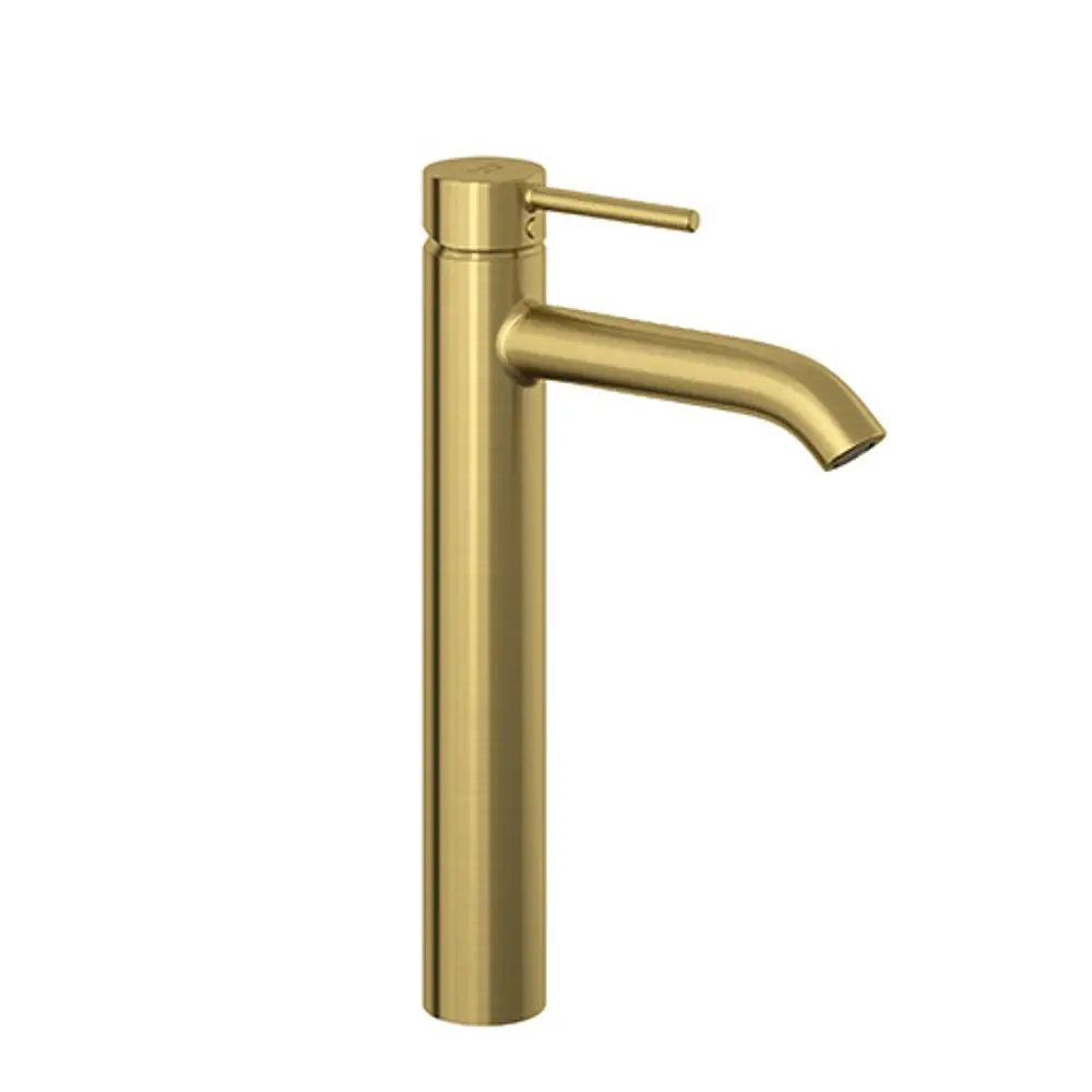 Waschbeckenarmatur in gebürstetem Gold von Kludi, mit einem langen, geraden Auslauf und einem schwenkbaren Bedienhebel an der Oberseite.